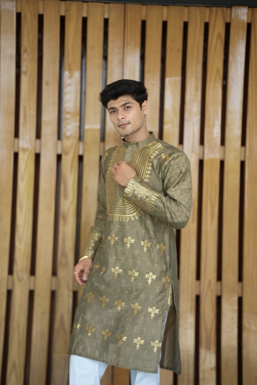 Olive Green Geometric Zari Embroidery Silk Kurta Set