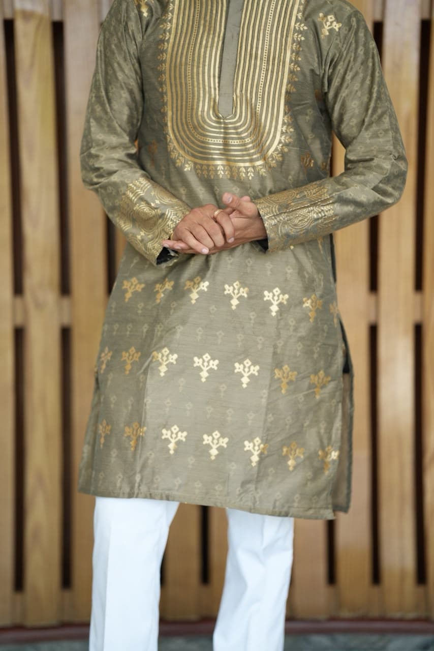 Olive Green Geometric Zari Embroidery Silk Kurta Set