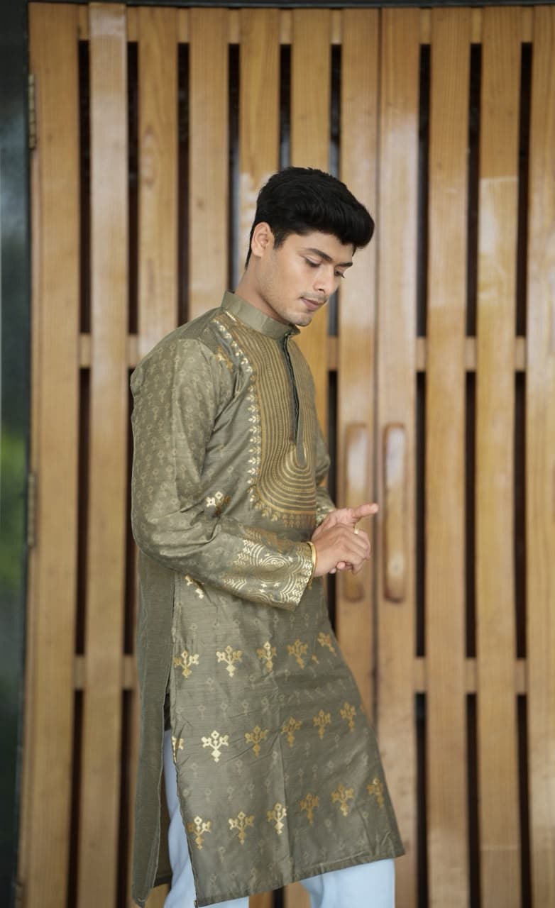 Olive Green Geometric Zari Embroidery Silk Kurta Set