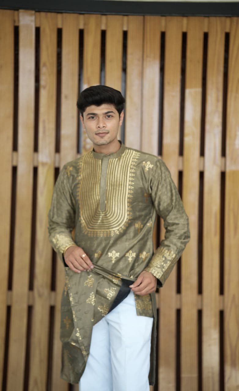 Olive Green Geometric Zari Embroidery Silk Kurta Set