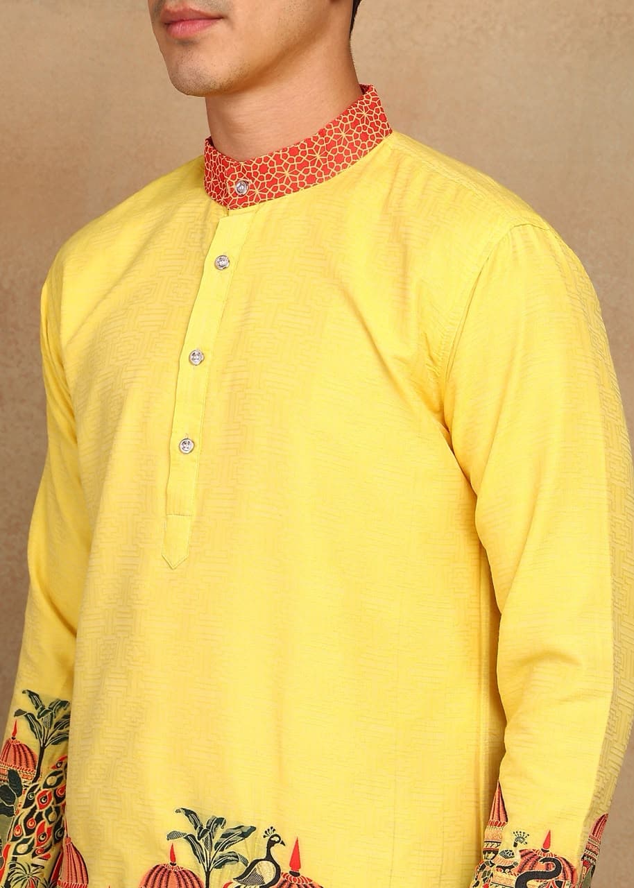Lemon Yellow Royal Elephant Daman Woven Silk Kurta Set