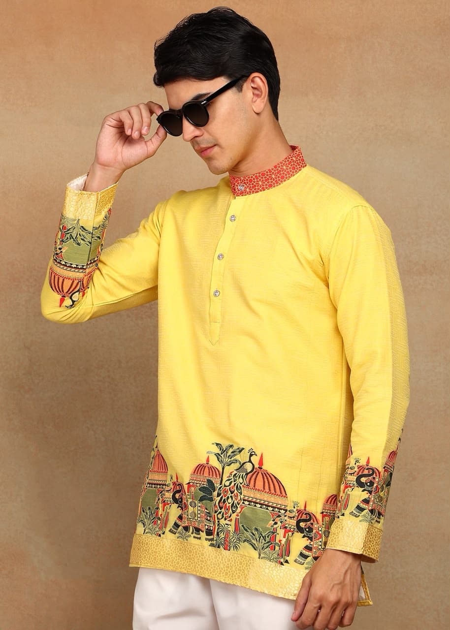 Lemon Yellow Royal Elephant Daman Woven Silk Kurta Set