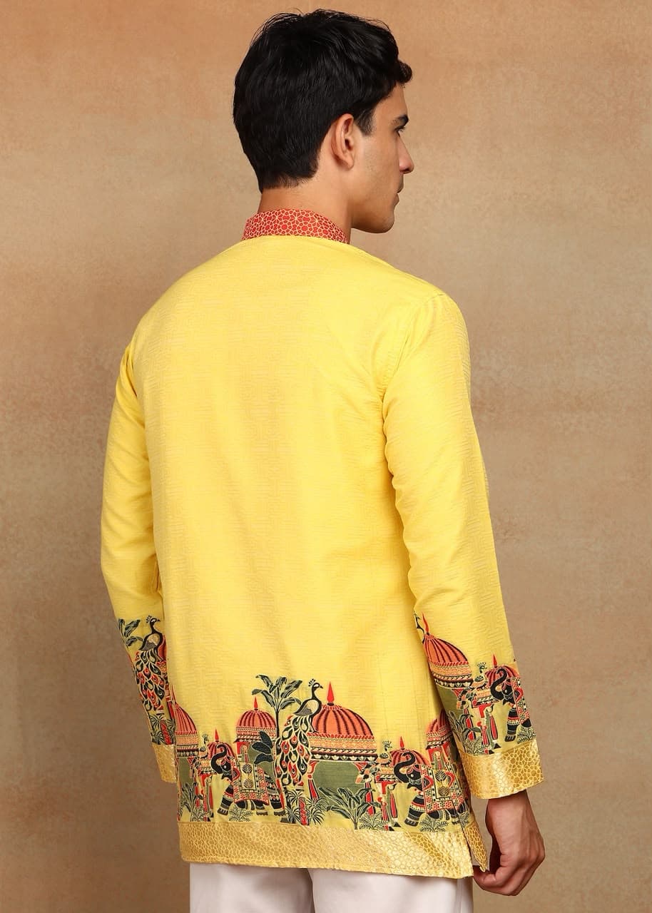 Lemon Yellow Royal Elephant Daman Woven Silk Kurta Set