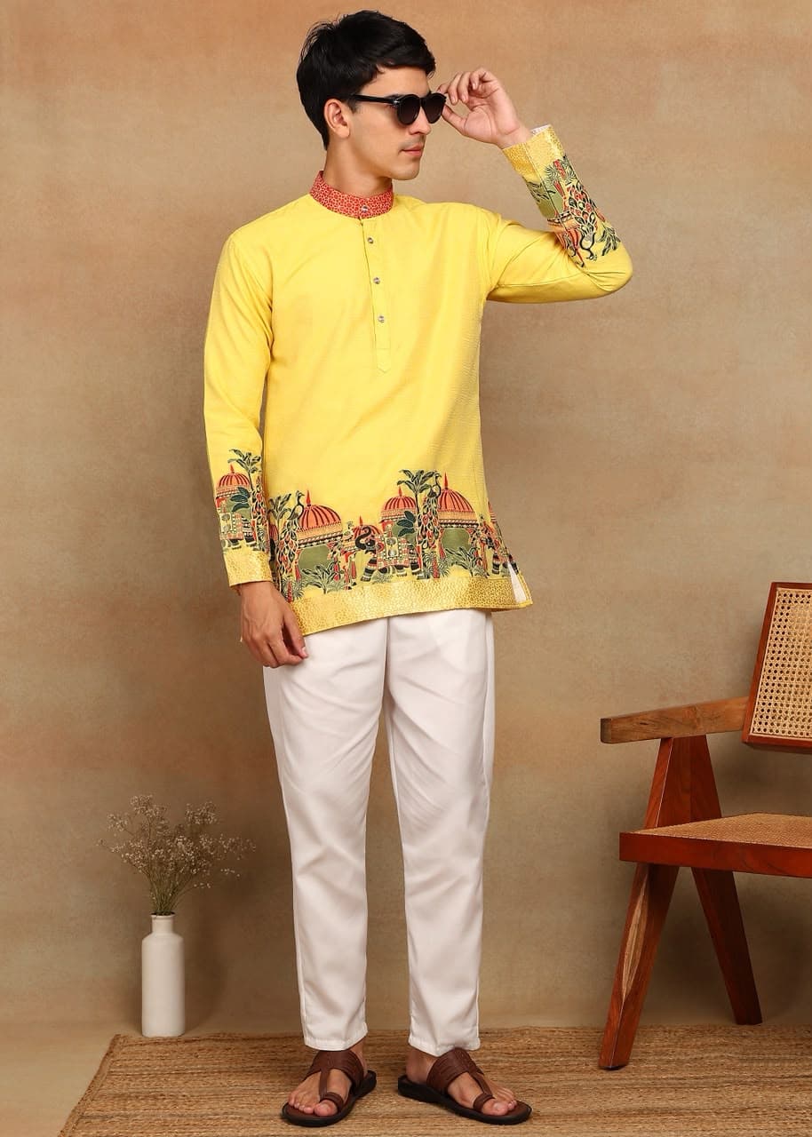 Lemon Yellow Royal Elephant Daman Woven Silk Kurta Set