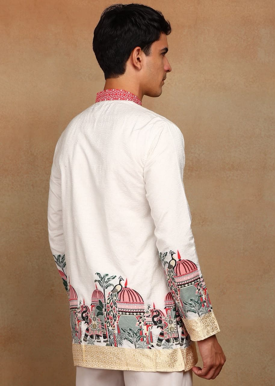 Off-White Royal Elephant Daman Woven Silk Kurta Set