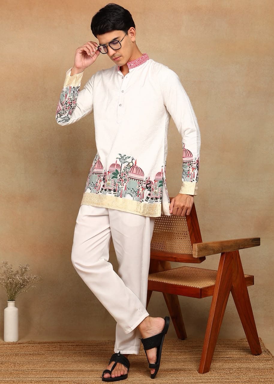 Off-White Royal Elephant Daman Woven Silk Kurta Set
