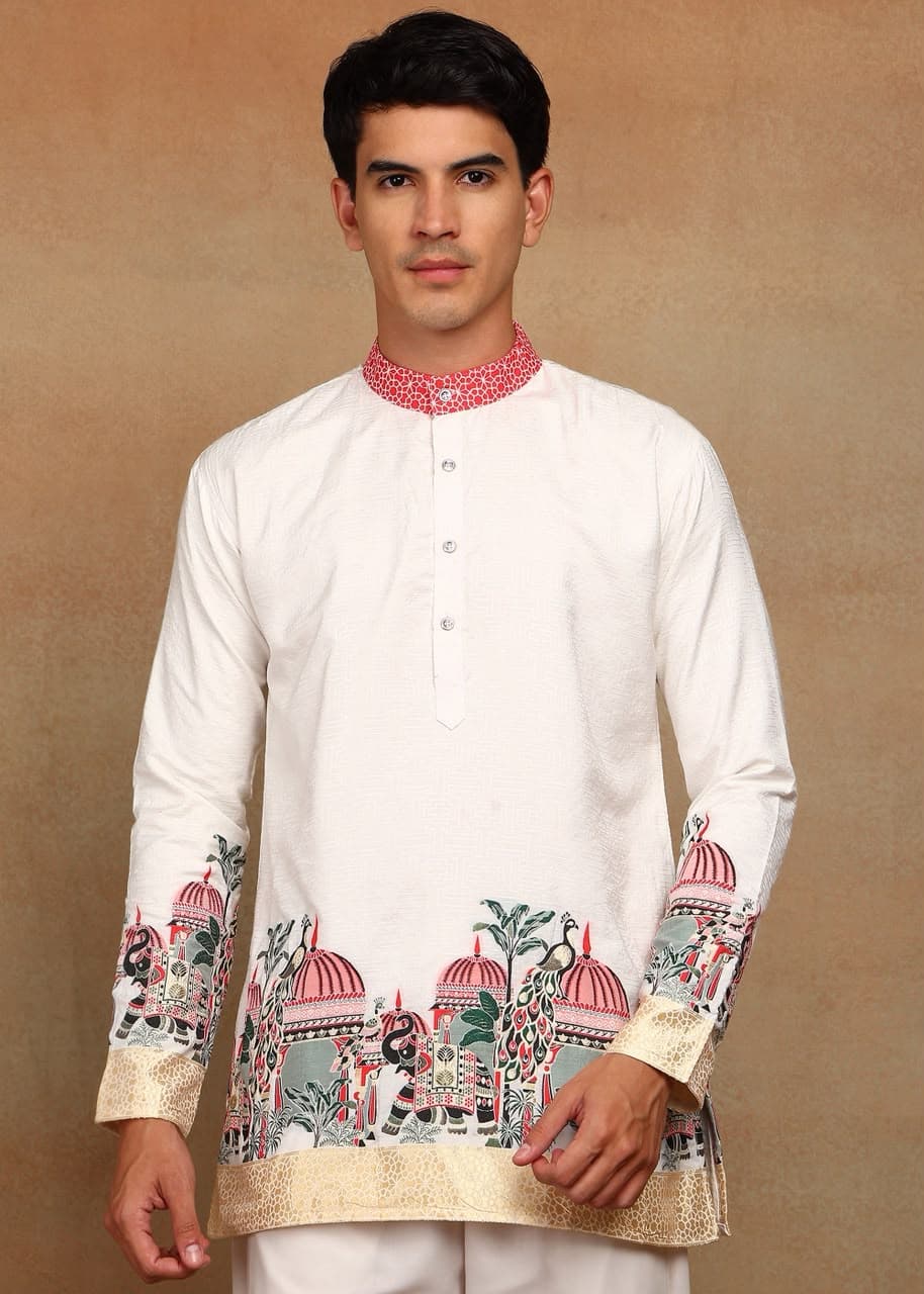 Off-White Royal Elephant Daman Woven Silk Kurta Set