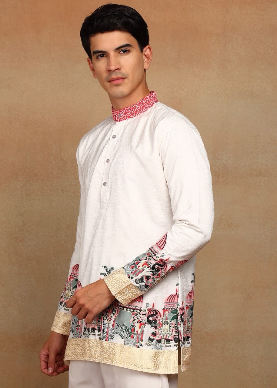 Off-White Royal Elephant Daman Woven Silk Kurta Set