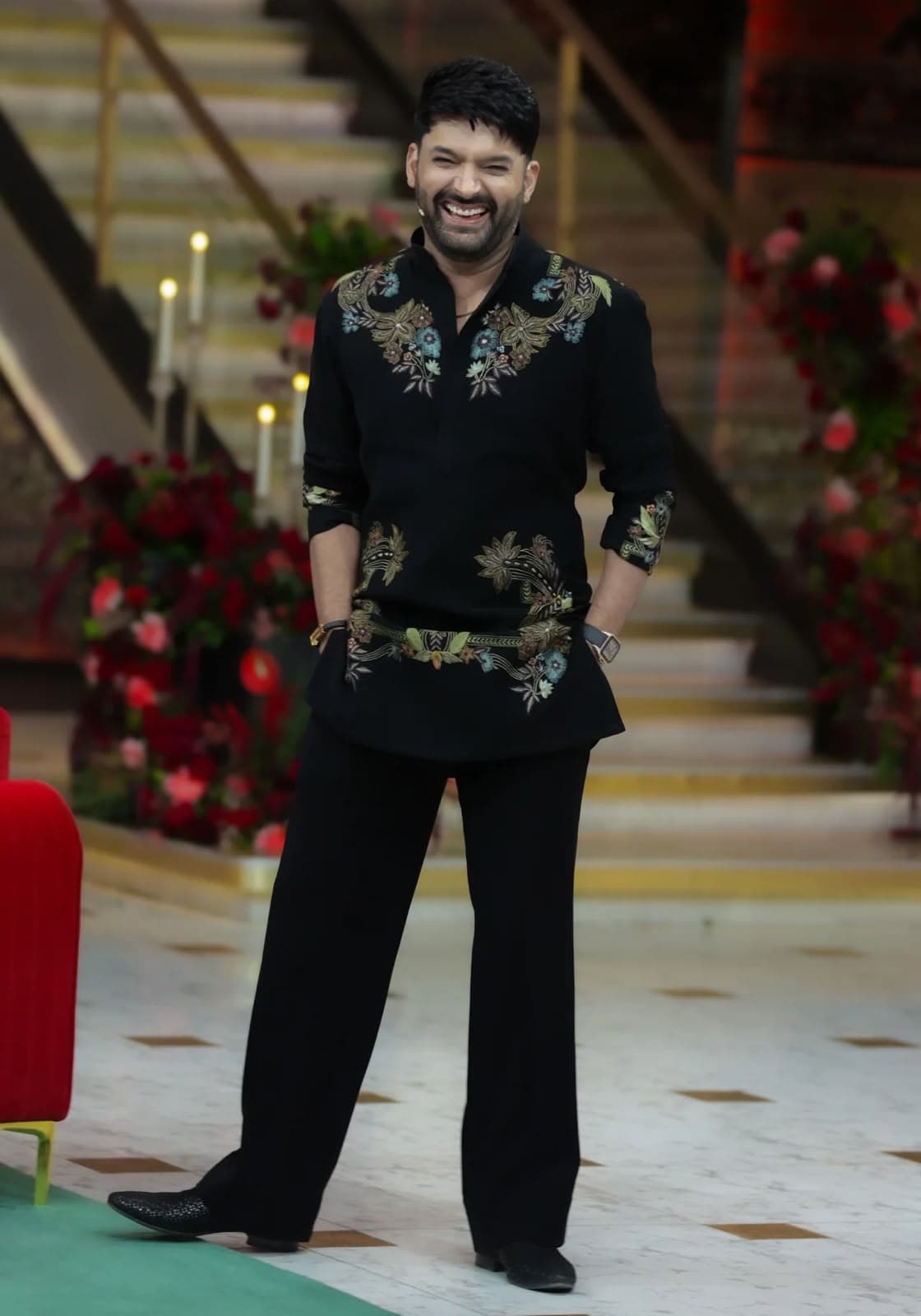 Black Celebrity Style Floral Embroidered Silk Short Kurta