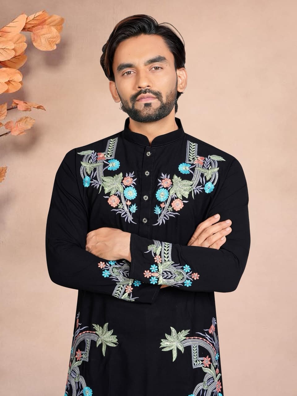 Black Celebrity Style Floral Embroidered Silk Short Kurta
