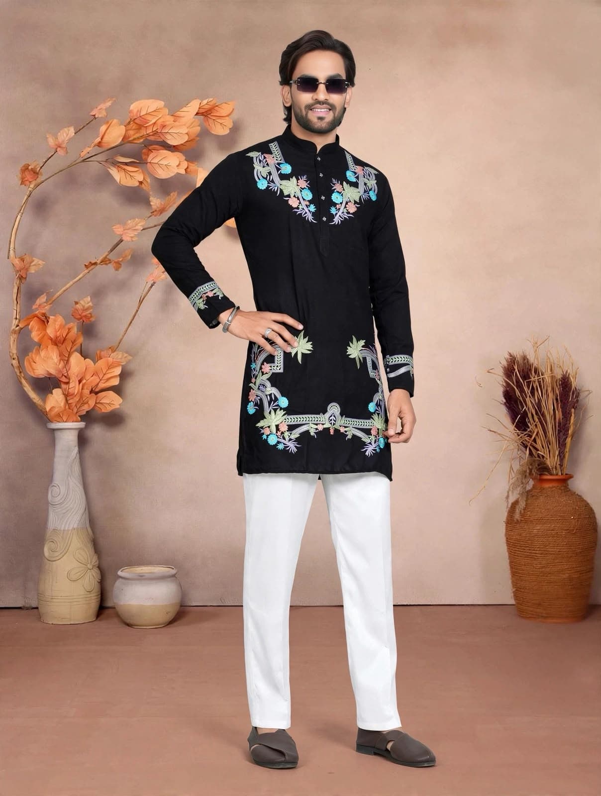 Black Celebrity Style Floral Embroidered Silk Short Kurta