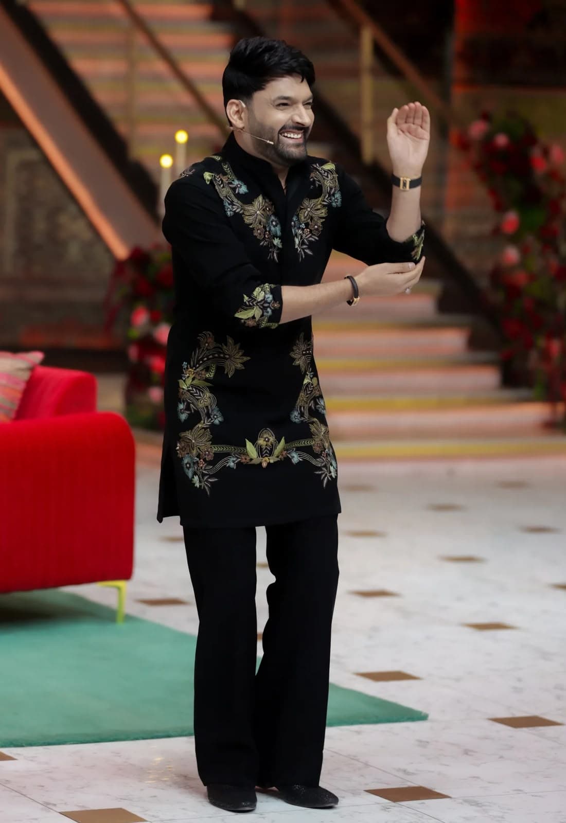 Black Celebrity Style Floral Embroidered Silk Short Kurta