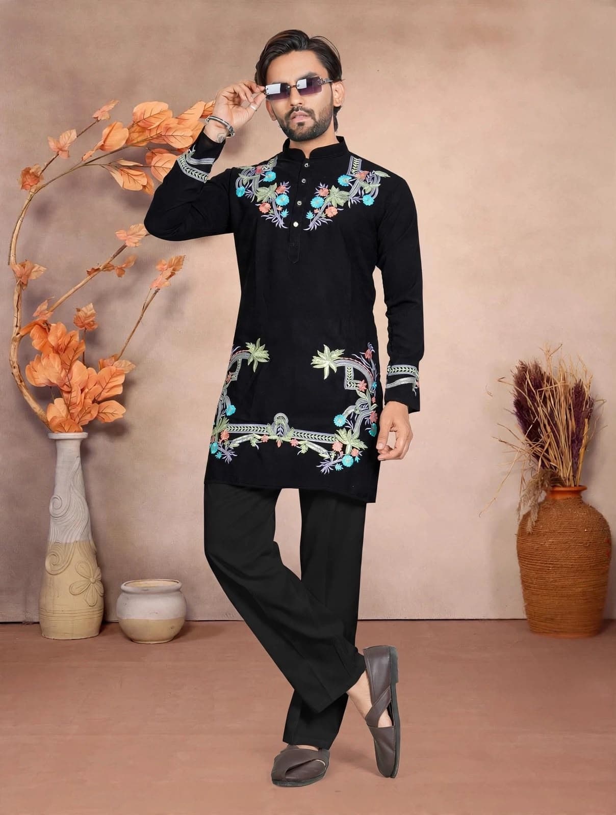 Black Celebrity Style Floral Embroidered Silk Short Kurta