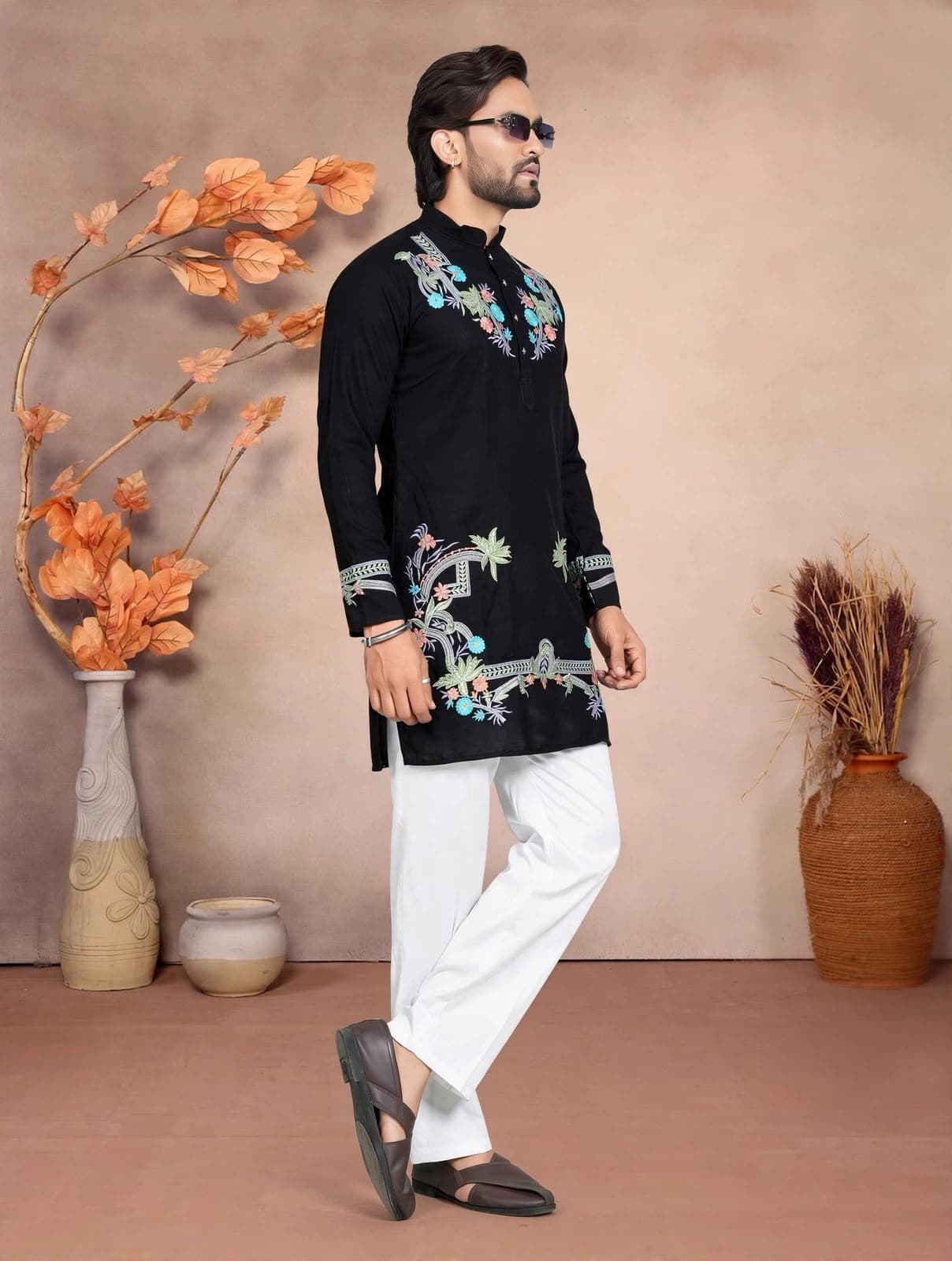 Black Celebrity Style Floral Embroidered Silk Short Kurta