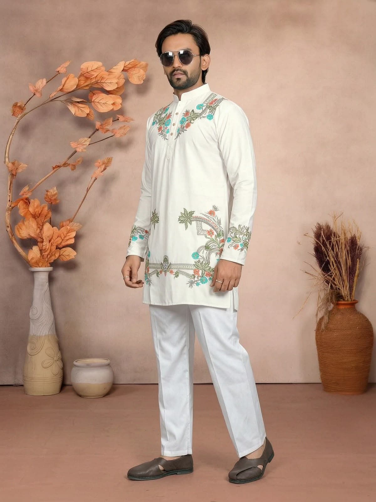 Off-White Celebrity Style Floral Embroidered Silk Short Kurta
