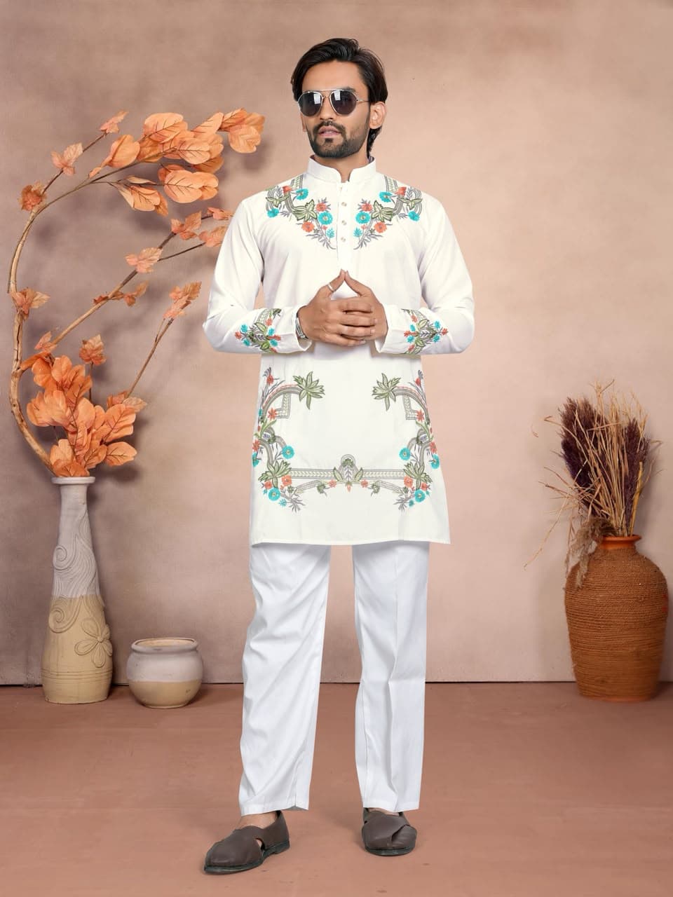 Off-White Celebrity Style Floral Embroidered Silk Short Kurta