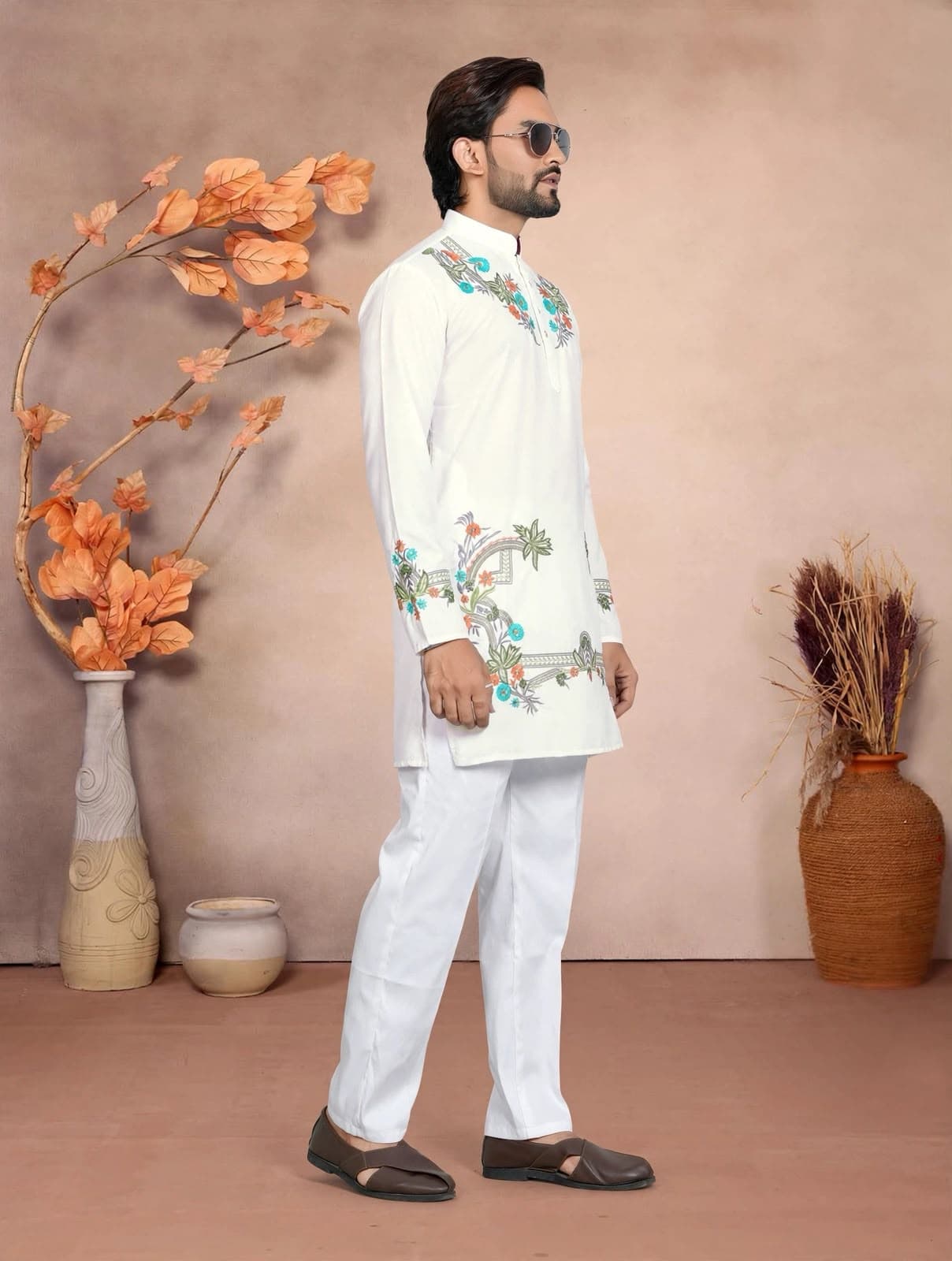 Off-White Celebrity Style Floral Embroidered Silk Short Kurta