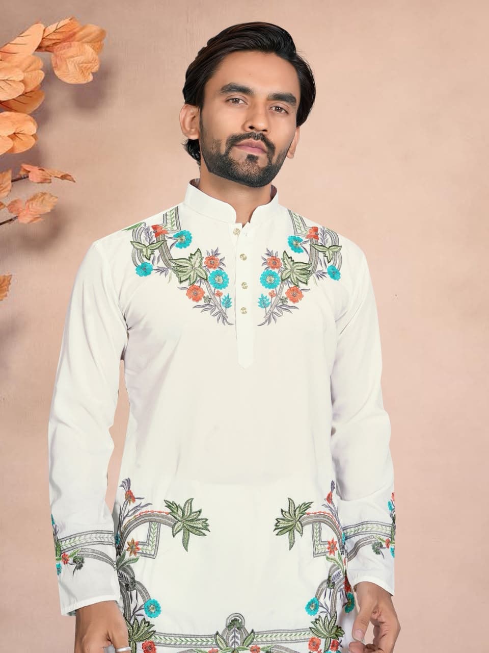 Off-White Celebrity Style Floral Embroidered Silk Short Kurta