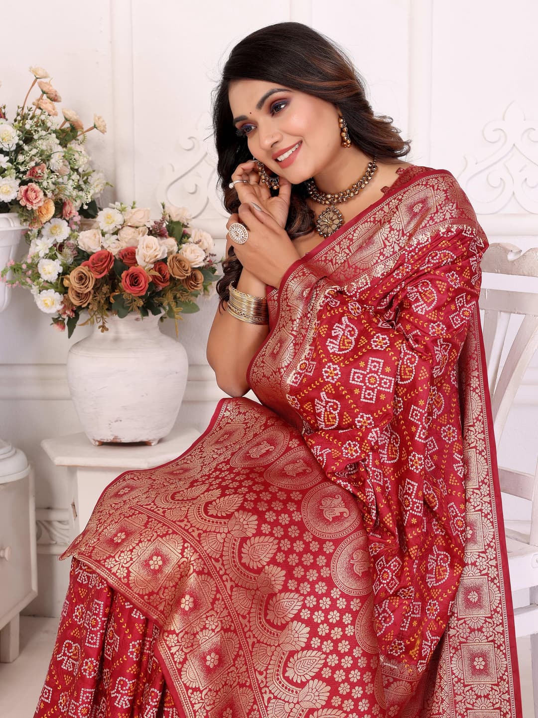 Princess Choice Brick Red Bandhej Satin Silk Saree