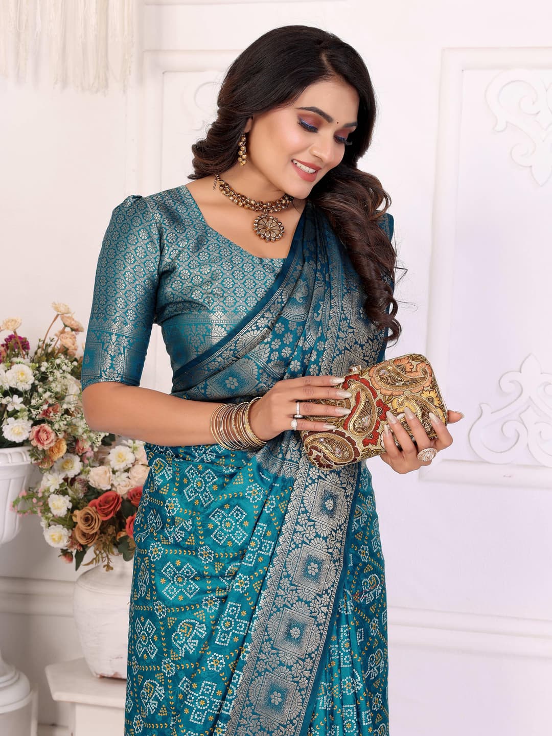 Princess Choice Dark Aqua Bandhej Satin Silk Saree