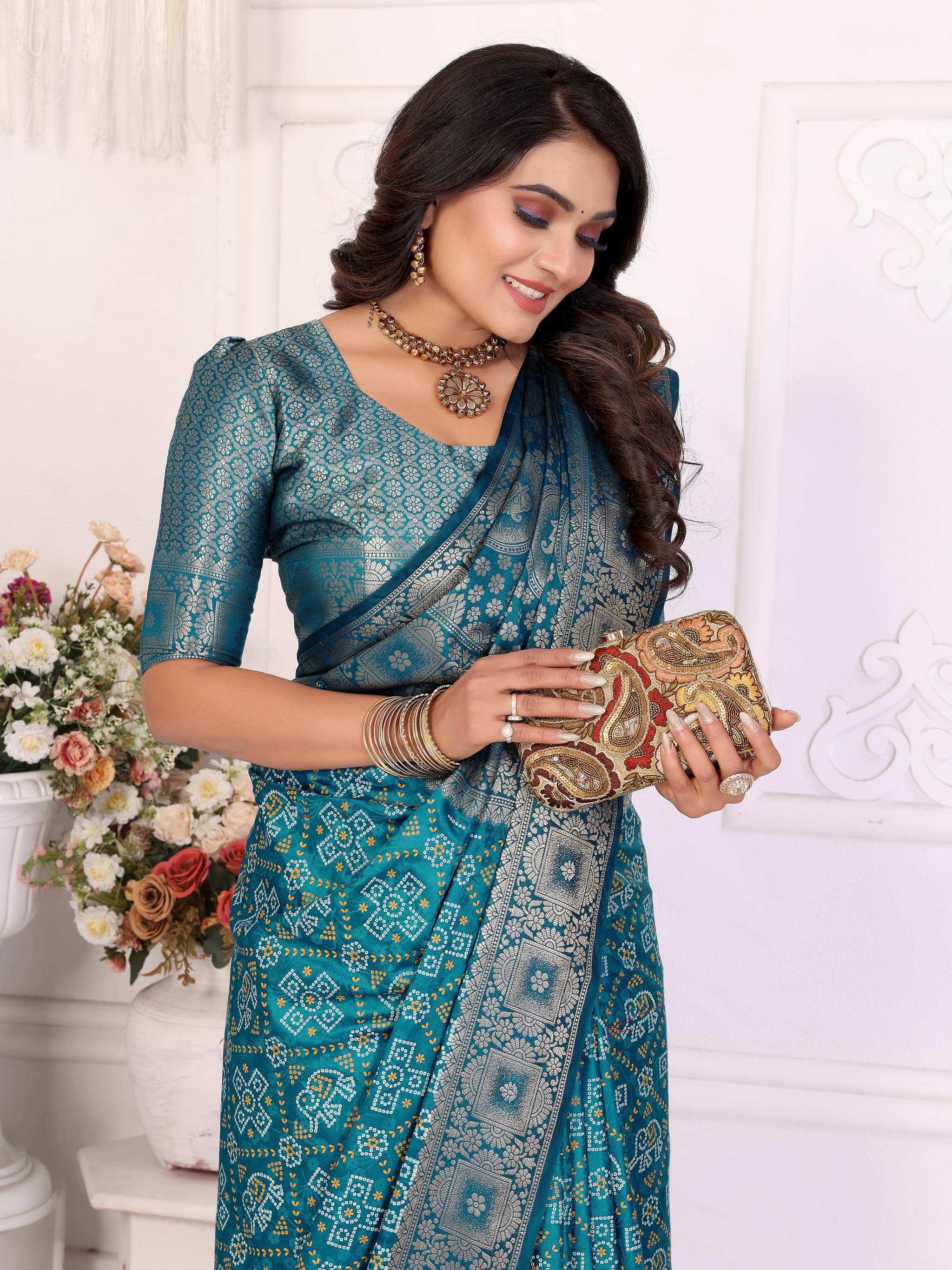 Princess Choice Dark Aqua Bandhej Satin Silk Saree
