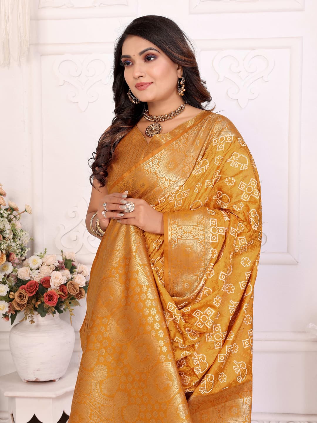 Princess Choice Gold Bandhej Satin Silk Saree
