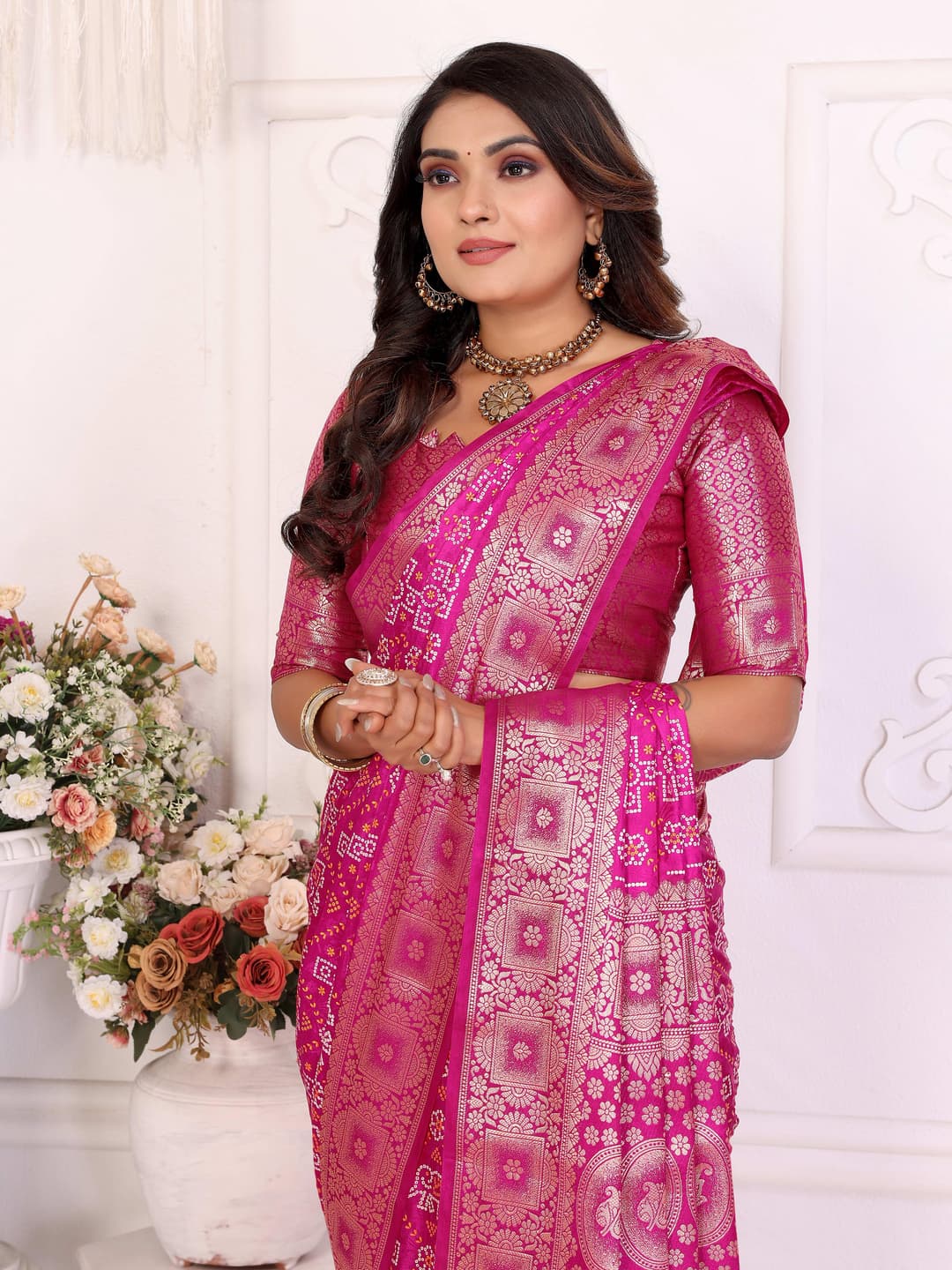 Princess Choice Pink Bandhej Satin Silk Saree