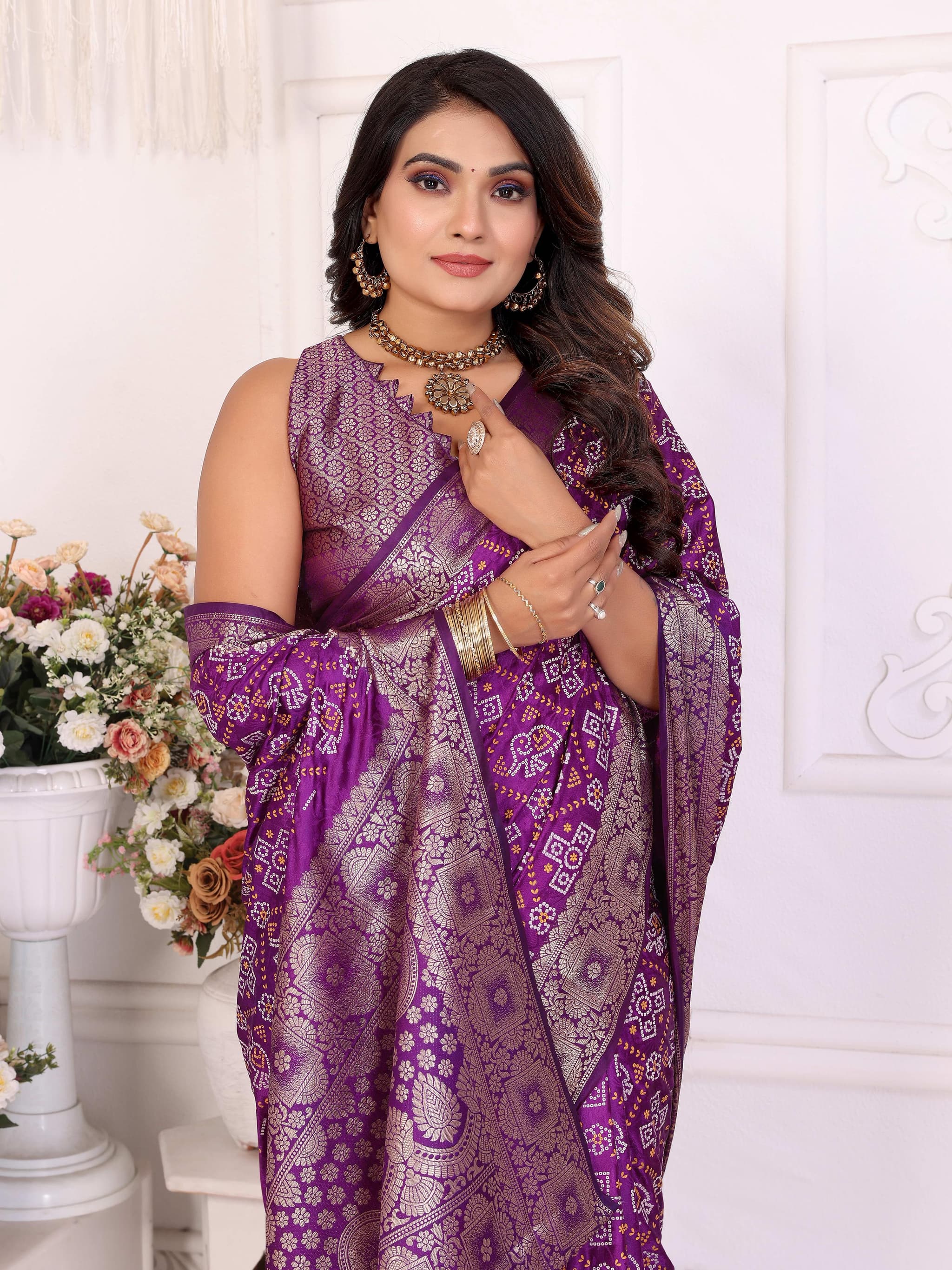 Princess Choice Purple Bandhej Satin Silk Saree
