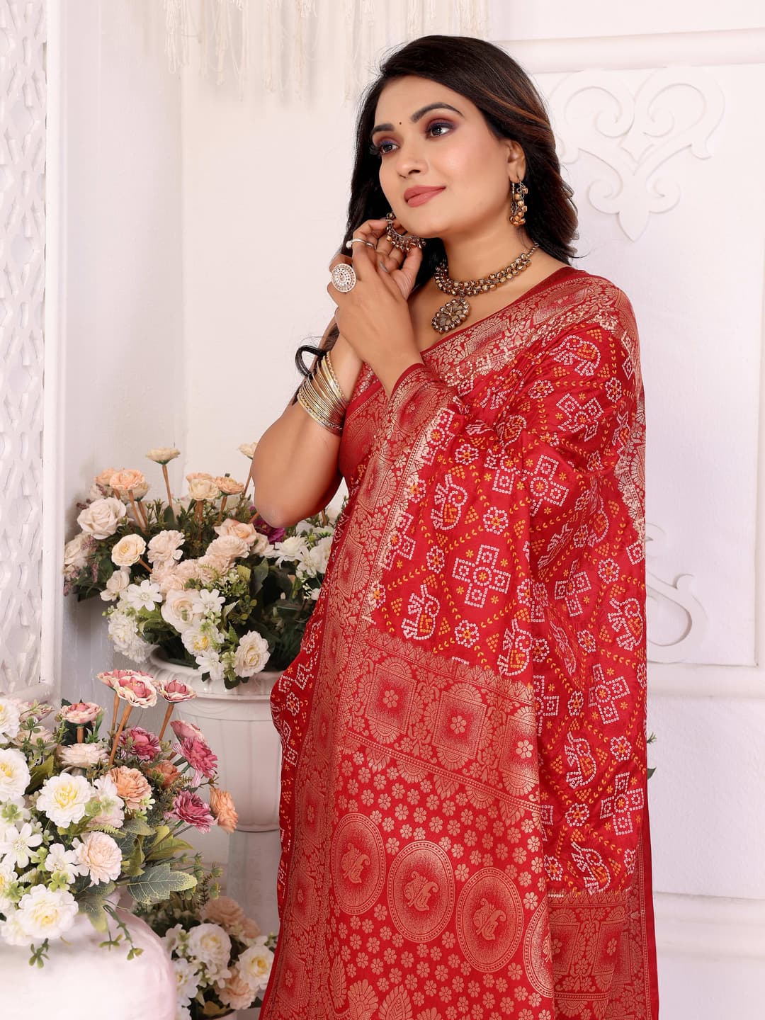 Princess Choice Red Bandhej Satin Silk Saree