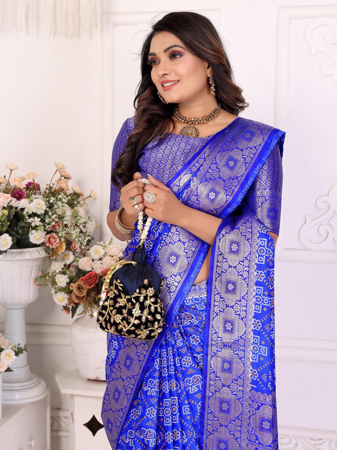 Princess Choice Royal Blue Bandhej Satin Silk Saree