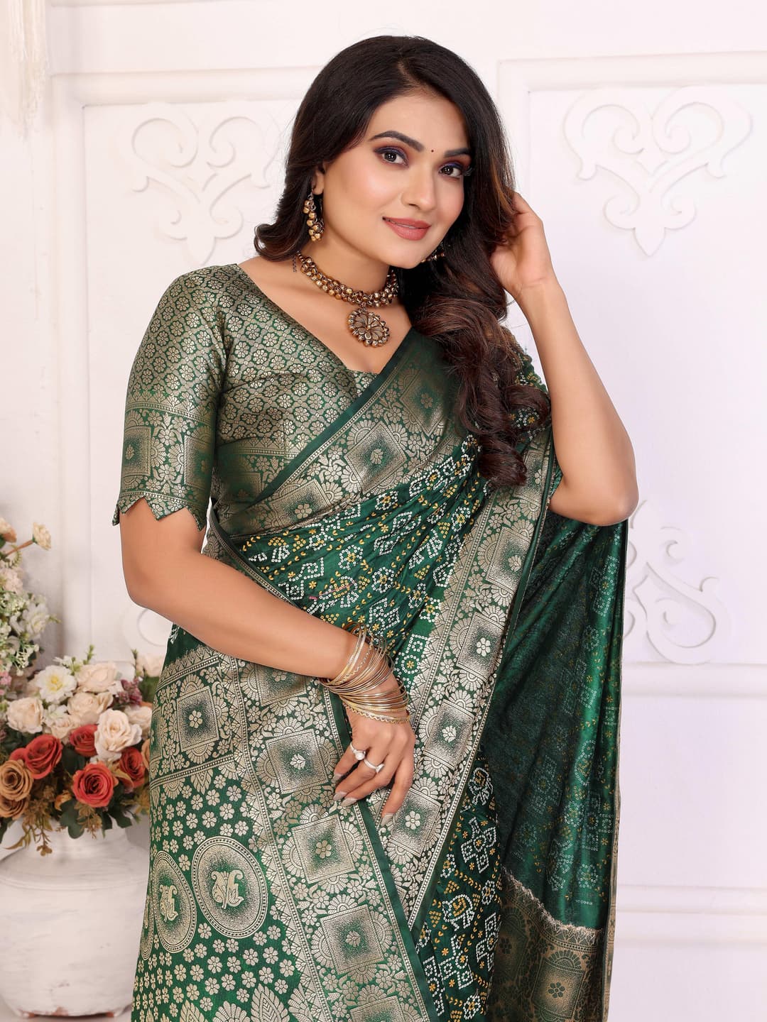 Princess Choice Green Bandhej Satin Silk Saree