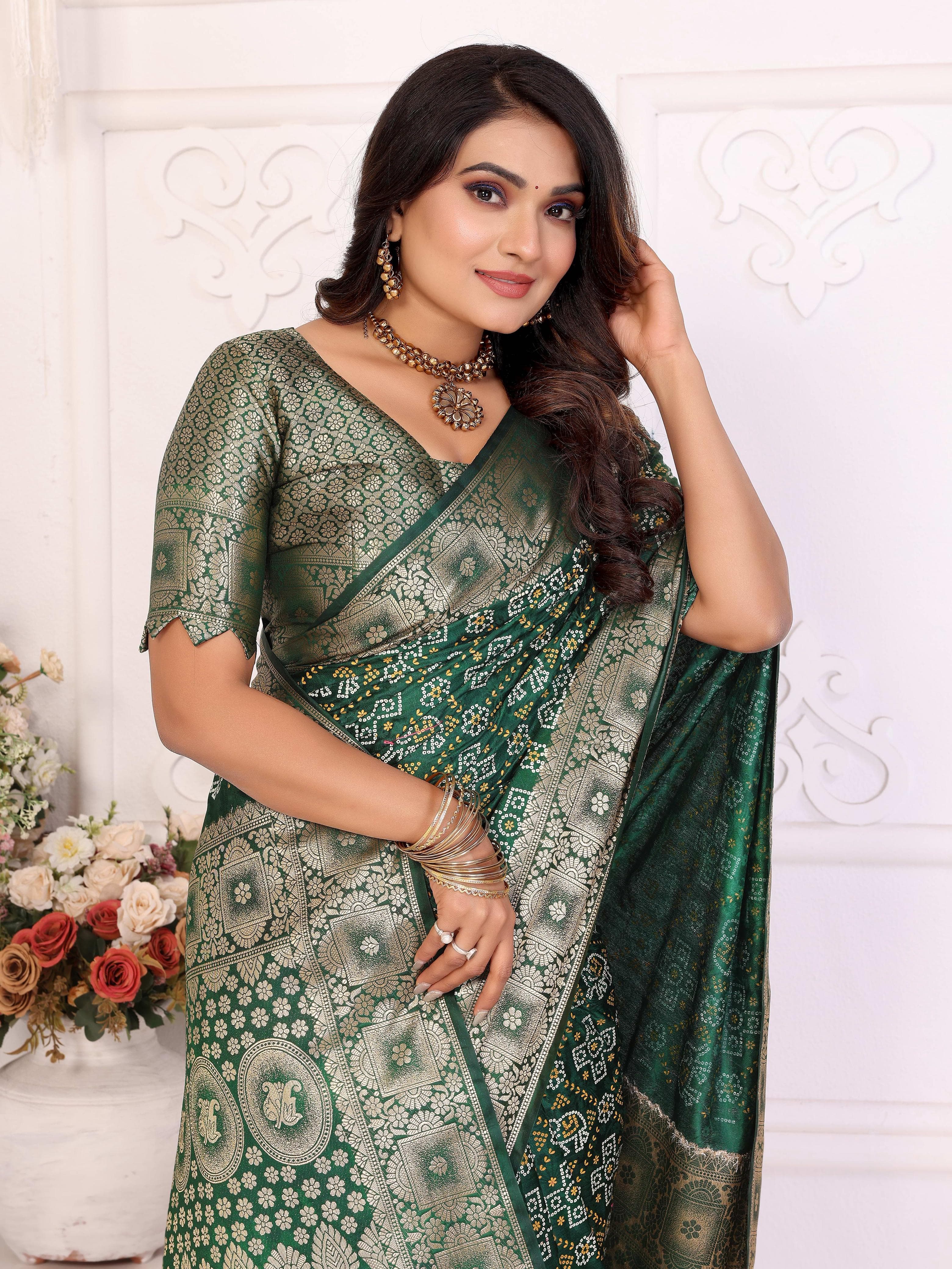 Princess Choice Green Bandhej Satin Silk Saree