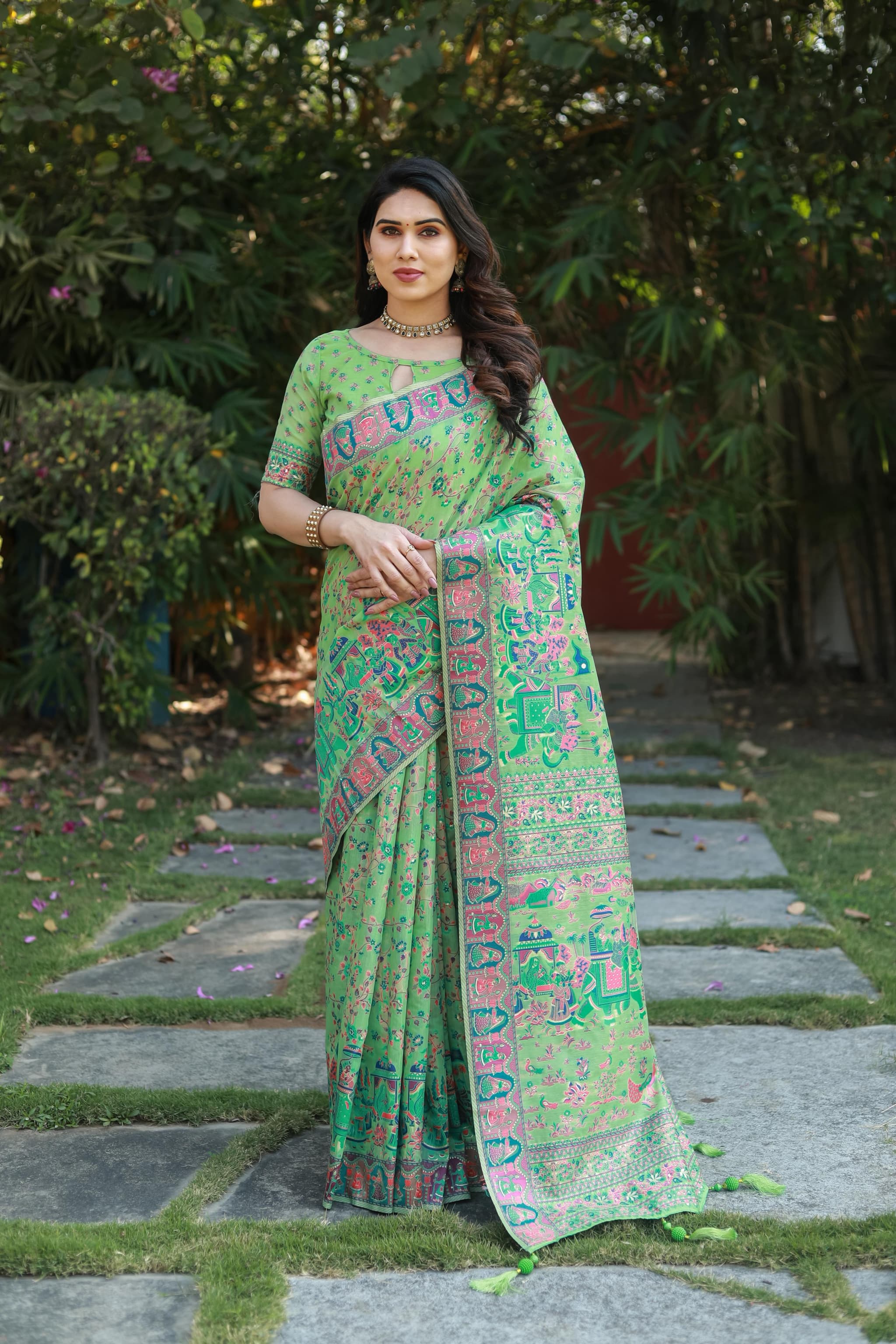 Muted Green Pashmina Soft Cotton Saree with Weaving Work