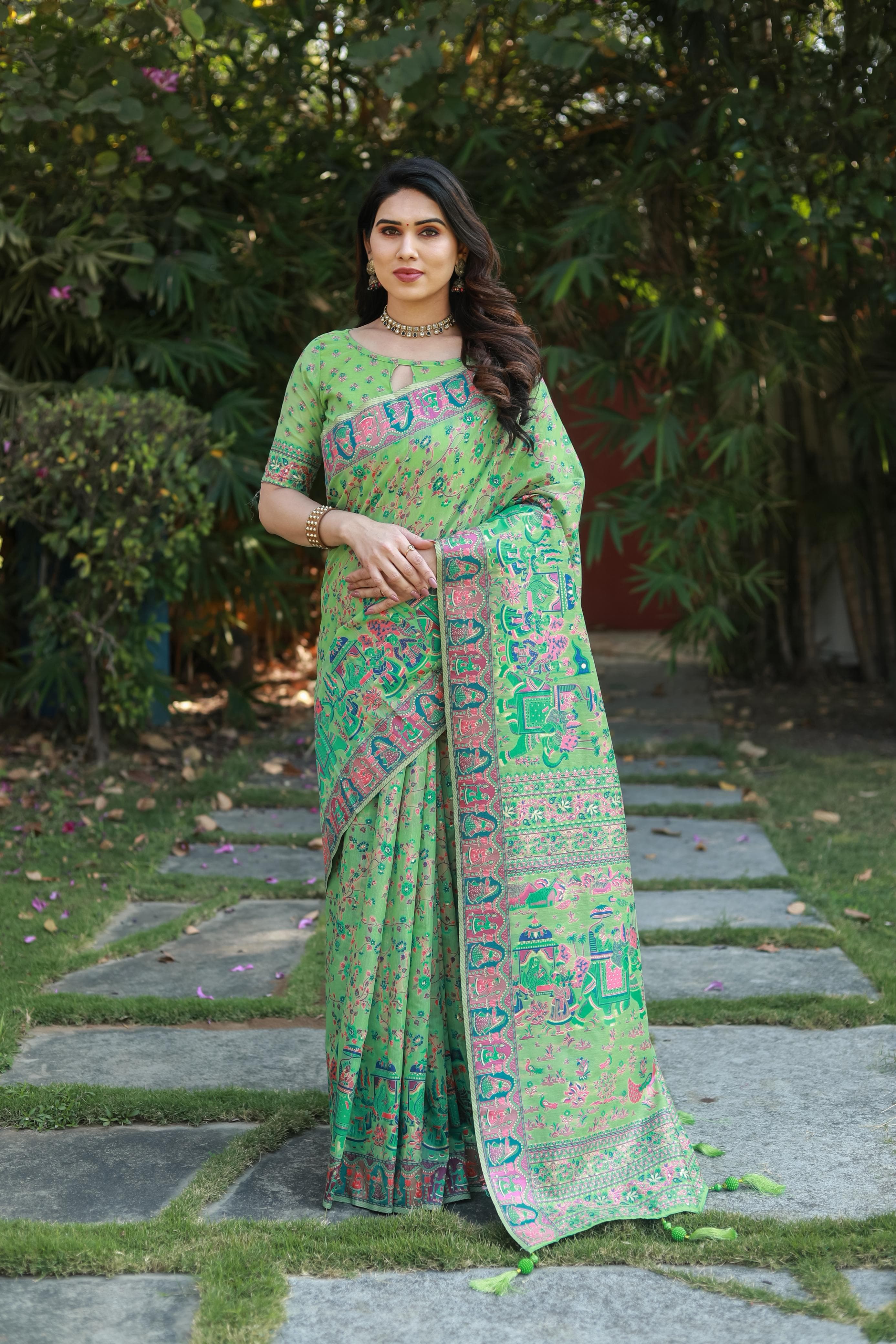 Muted Green Pashmina Soft Cotton Saree with Weaving Work