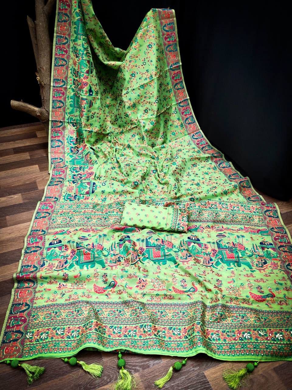Muted Green Pashmina Soft Cotton Saree with Weaving Work