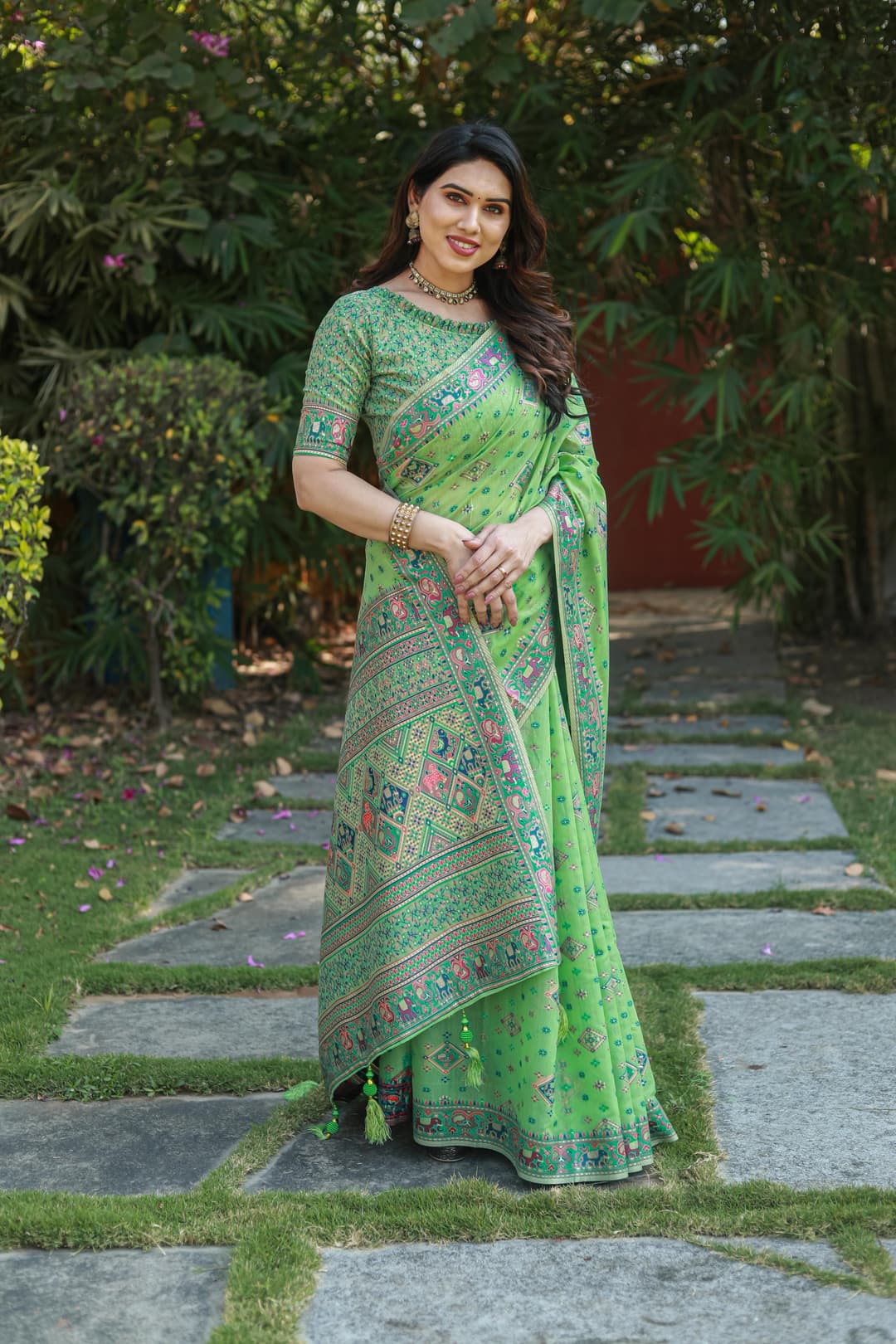 Muted Green Pashmina Soft Cotton Saree with Weaving Work