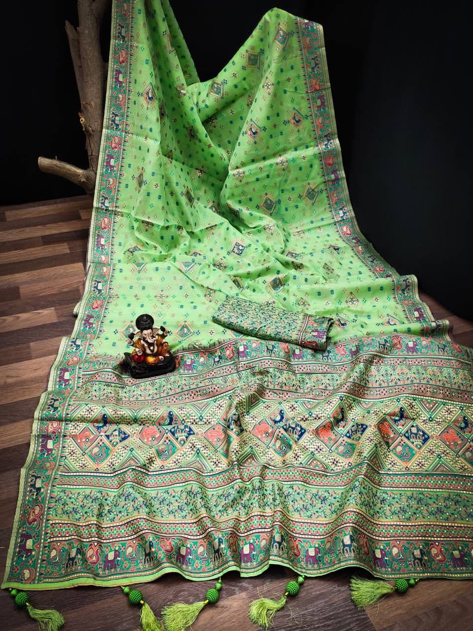 Muted Green Pashmina Soft Cotton Saree with Weaving Work