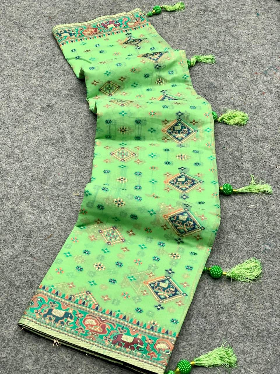 Muted Green Pashmina Soft Cotton Saree with Weaving Work