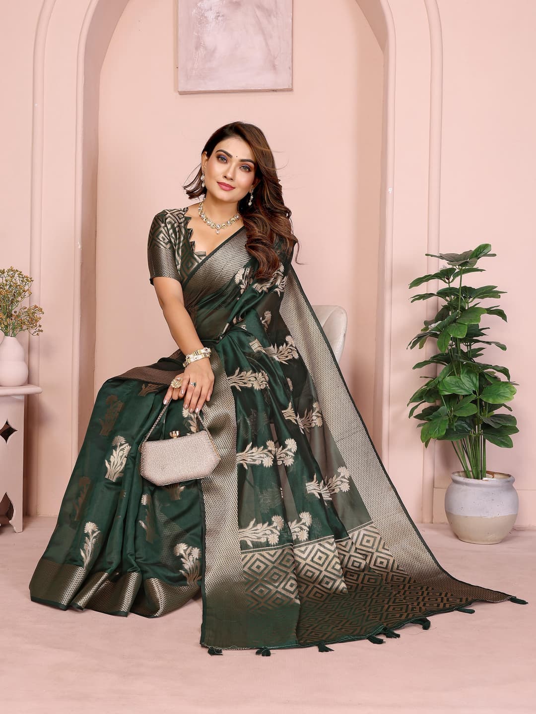 Green Soft Banarasi Organza Silk Saree