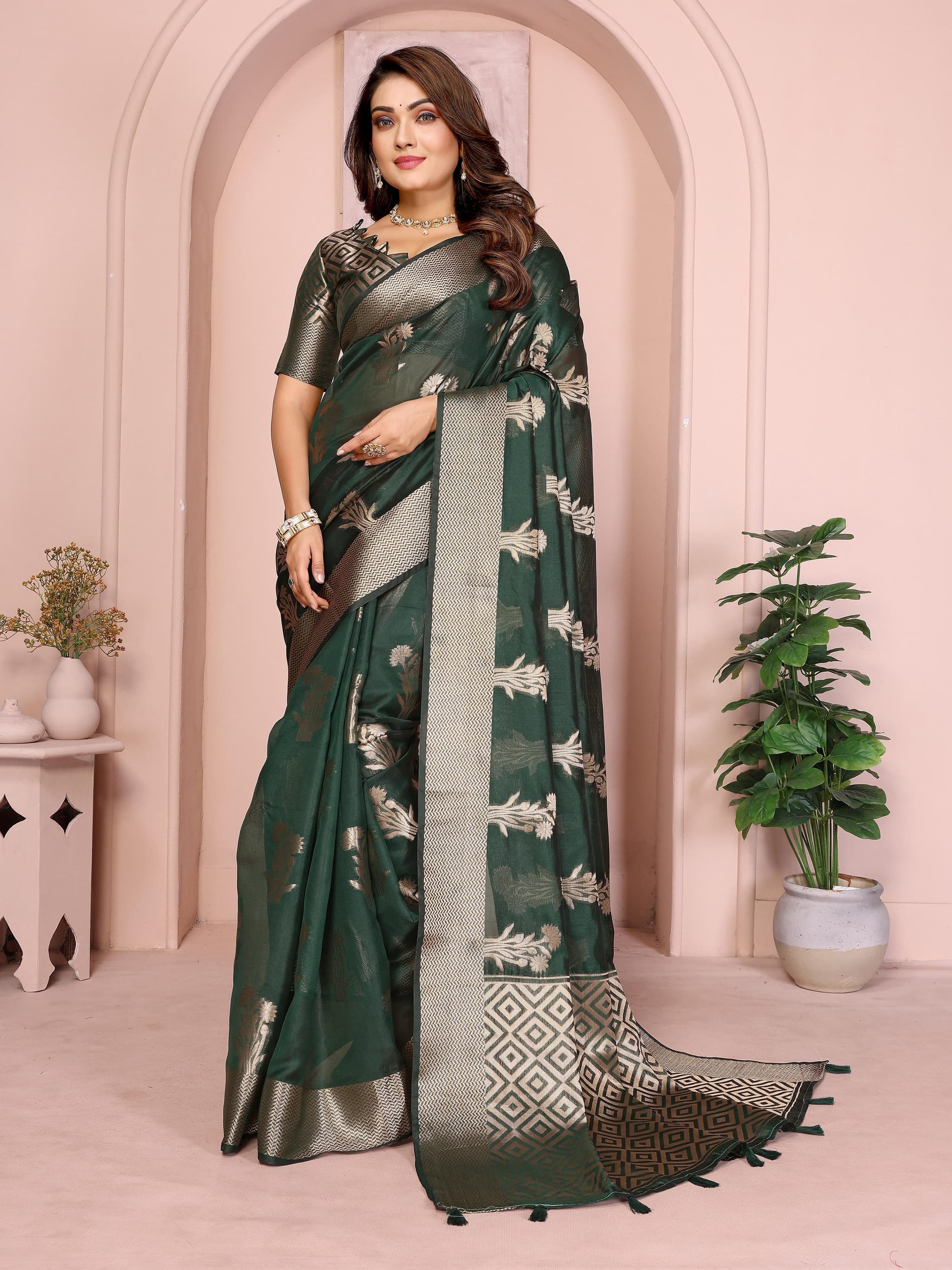 Green Soft Banarasi Organza Silk Saree