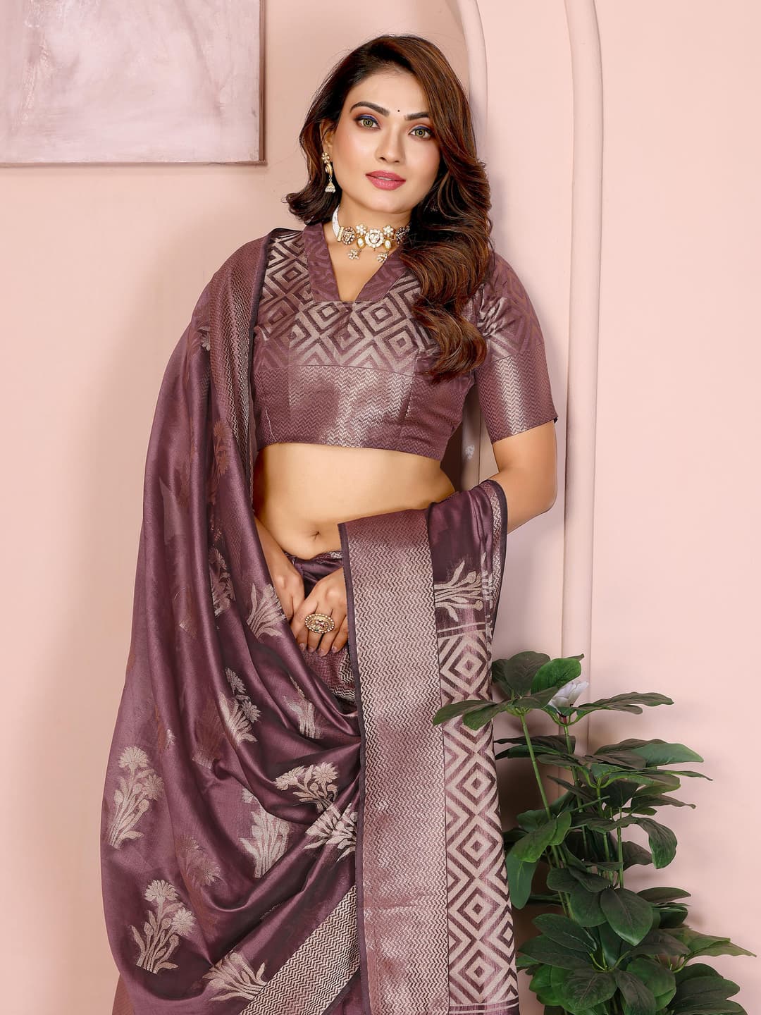 Reddish Grey Soft Banarasi Organza Silk Saree