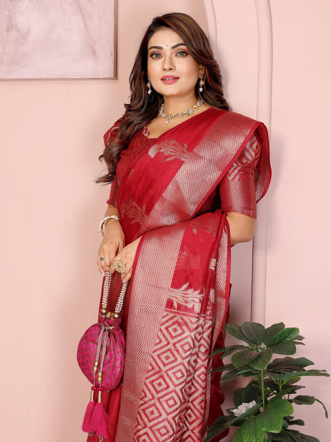 Red Soft Banarasi Organza Silk Saree