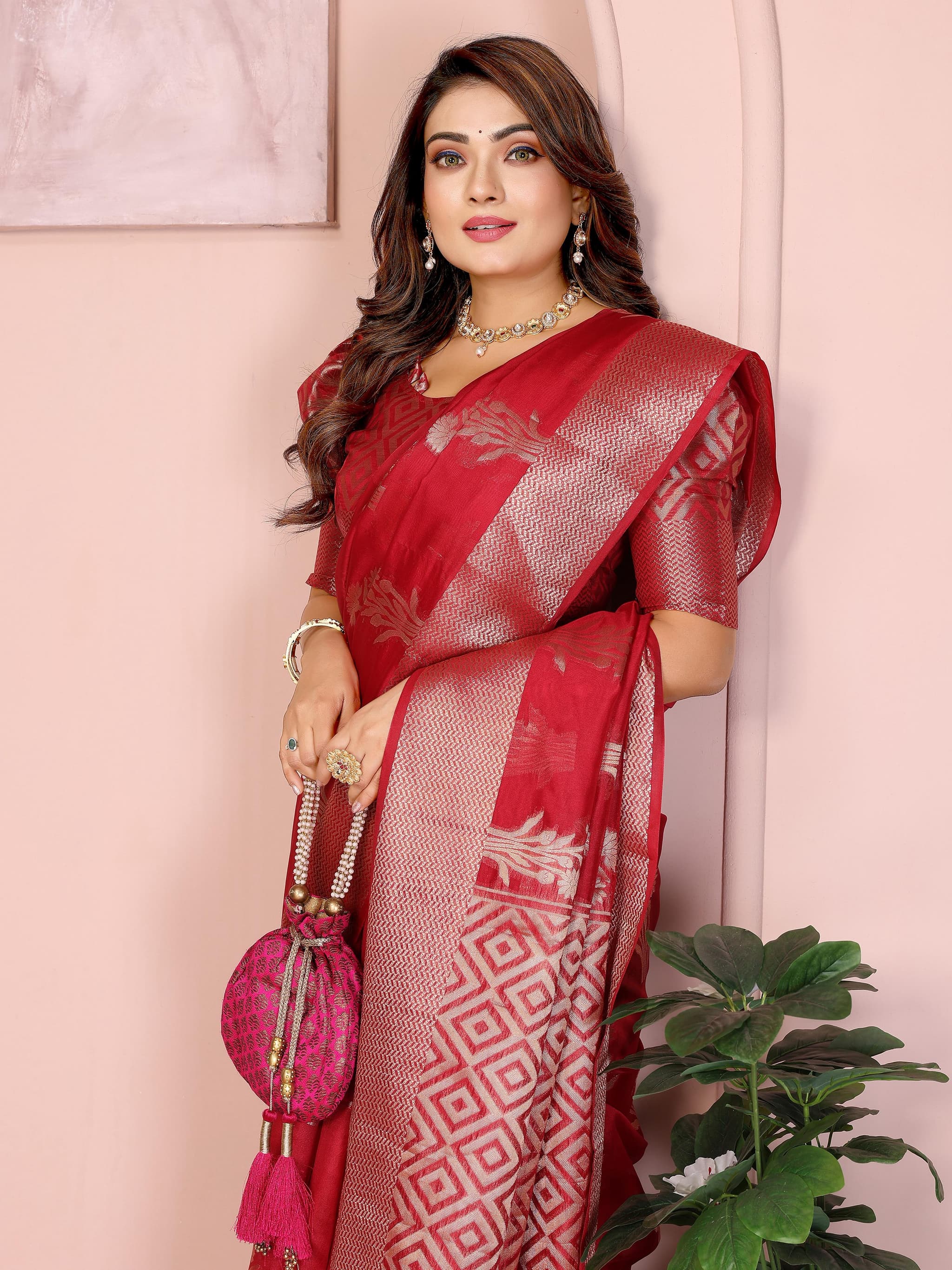Red Soft Banarasi Organza Silk Saree
