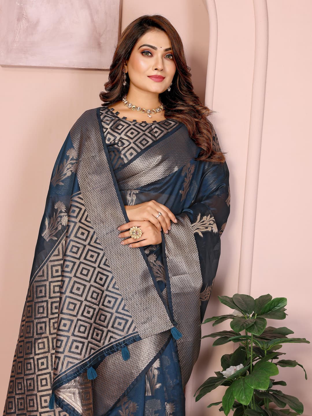 Cyan Blue Soft Banarasi Organza Silk Saree