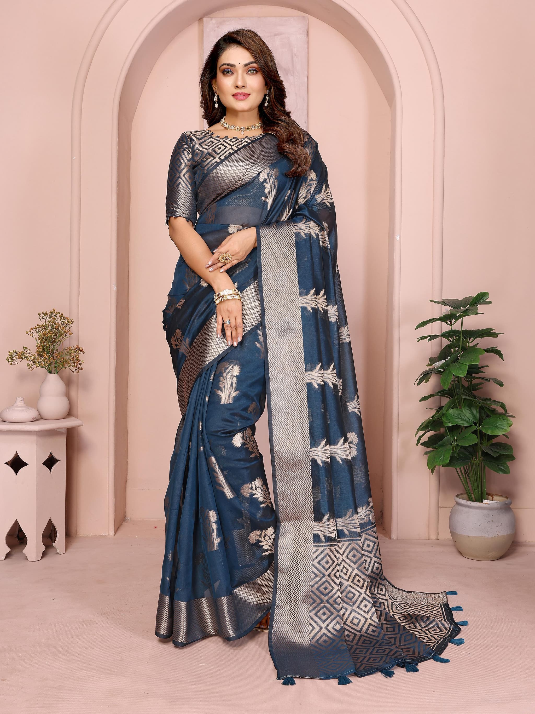 Cyan Blue Soft Banarasi Organza Silk Saree