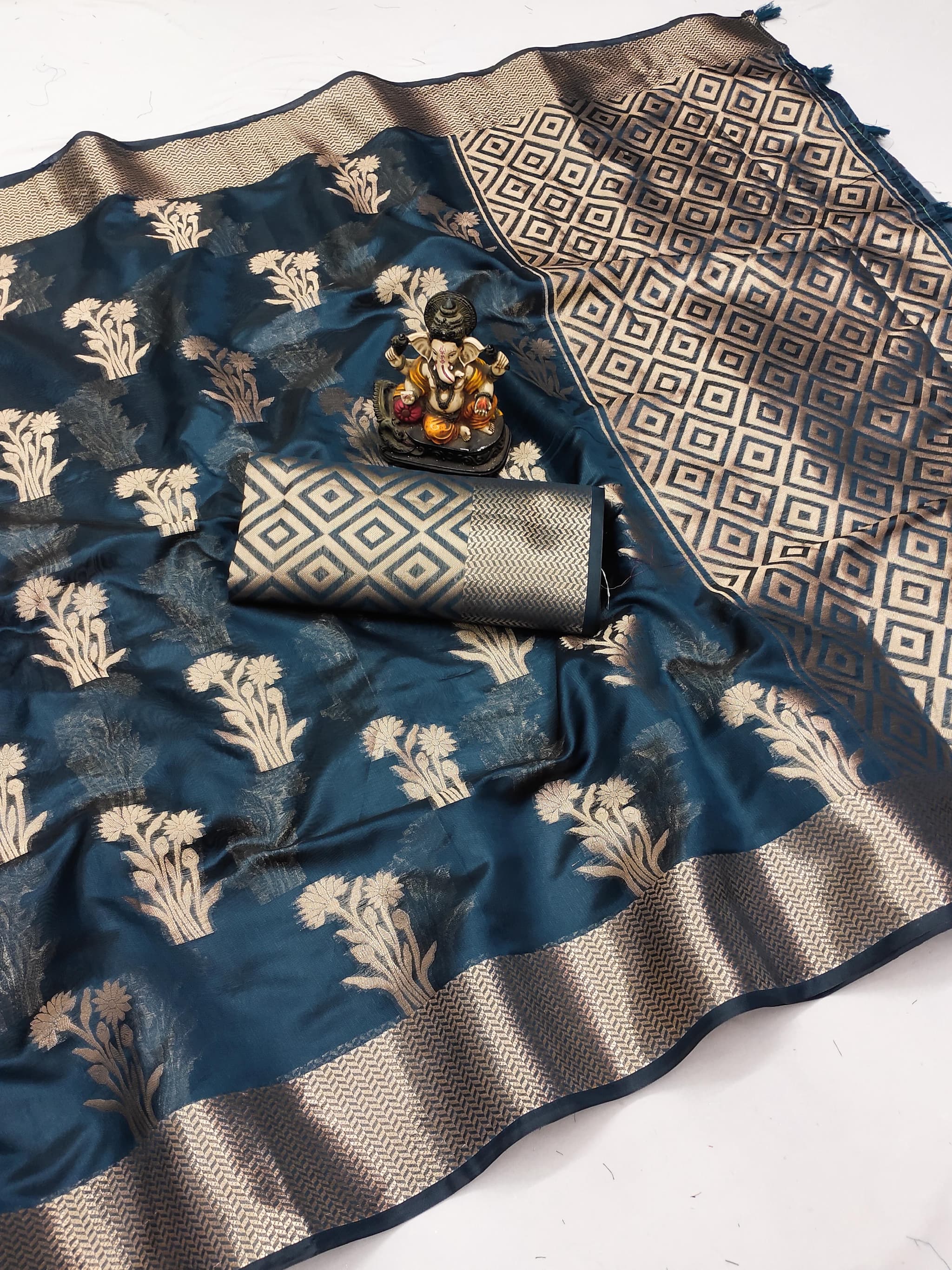 Cyan Blue Soft Banarasi Organza Silk Saree