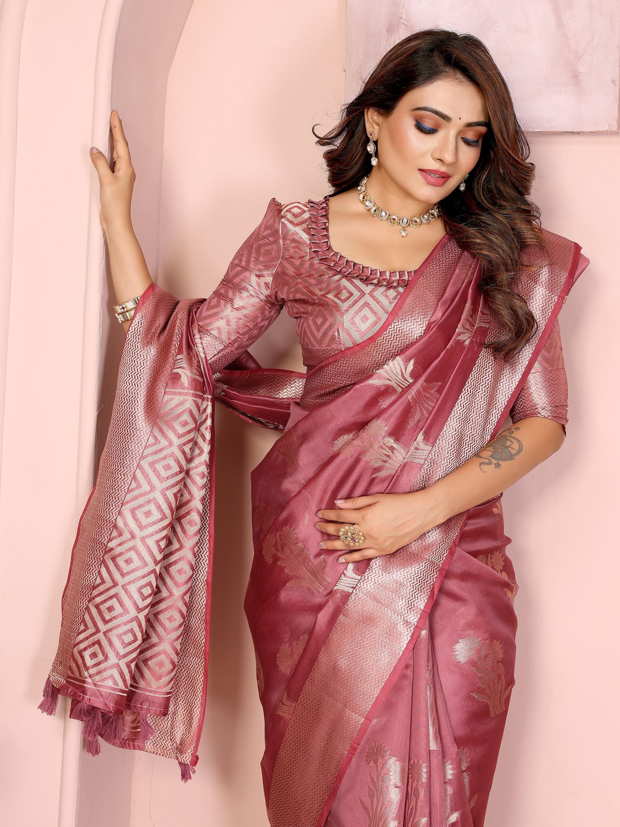 Dusky Rose Soft Banarasi Organza Silk Saree