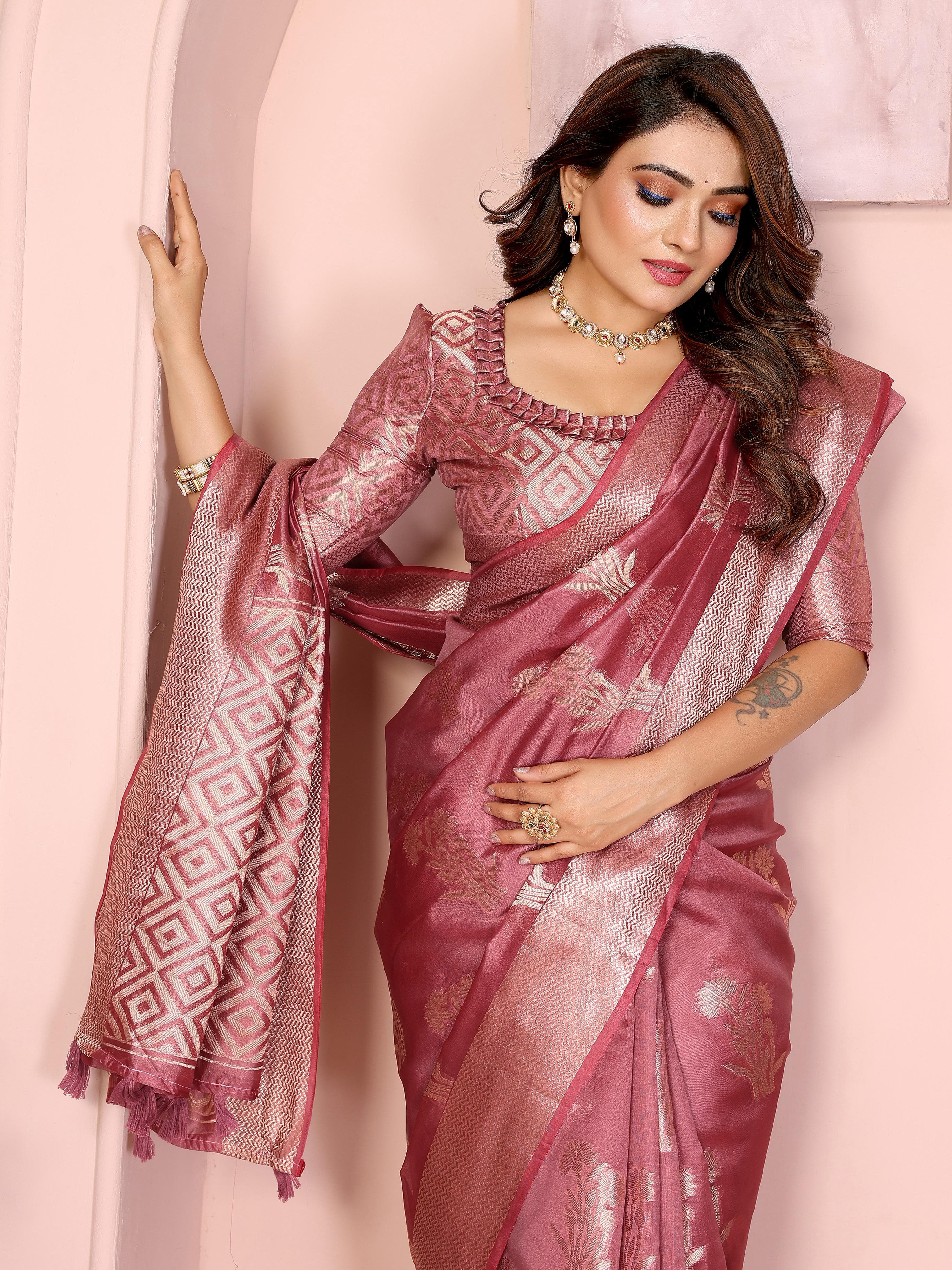 Dusky Rose Soft Banarasi Organza Silk Saree