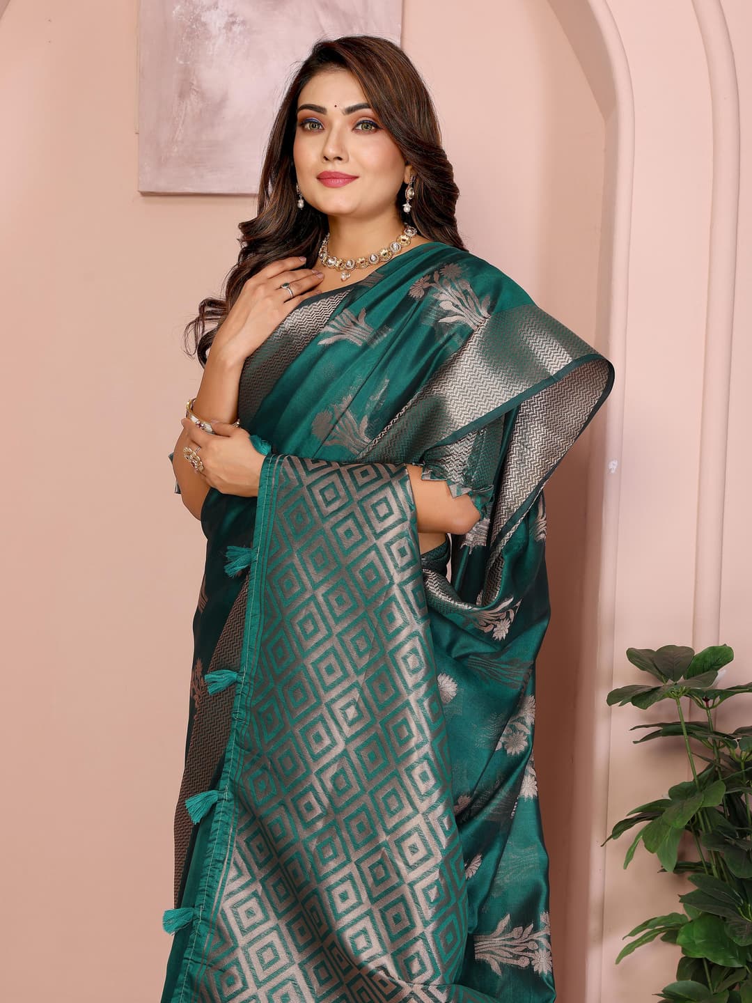 Dark Teal Soft Banarasi Organza Silk Saree