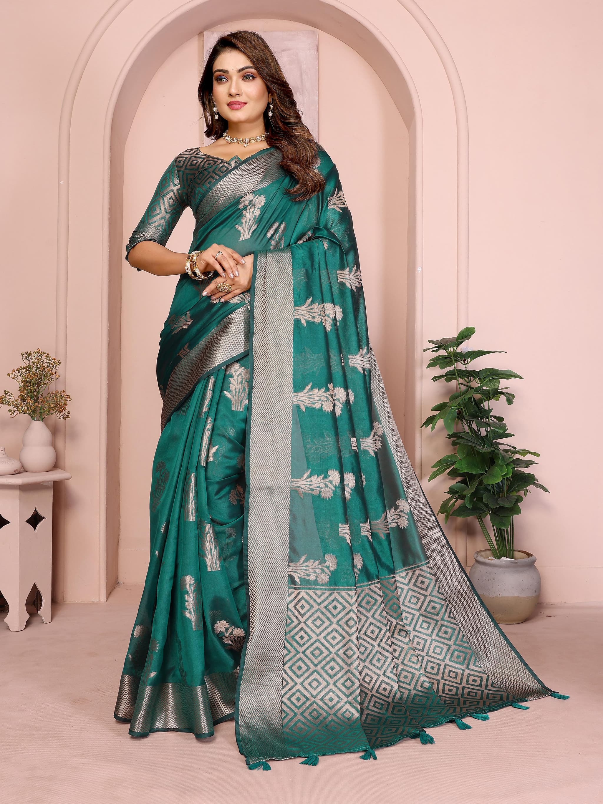 Dark Teal Soft Banarasi Organza Silk Saree